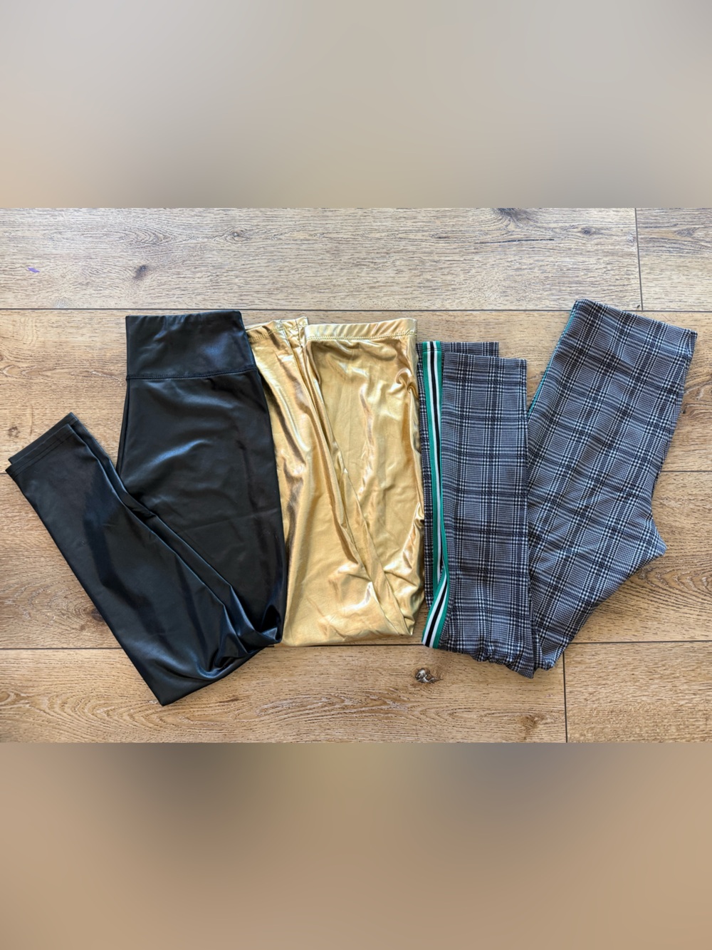 Statement Leggings Bundle Set – Plaid, Metallic Gold & Faux Leather